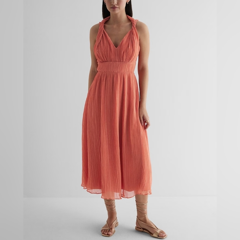 NWT Express Pleated Twisted Halter Neck Midi Dress in Apricot Orange Size Small - Picture 12 of 12